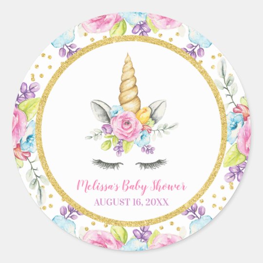 Watercolor Floral Unicorn Baby Shower Classic Round