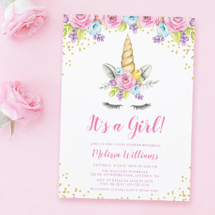 Watercolor Floral Unicorn Baby Shower Invitations