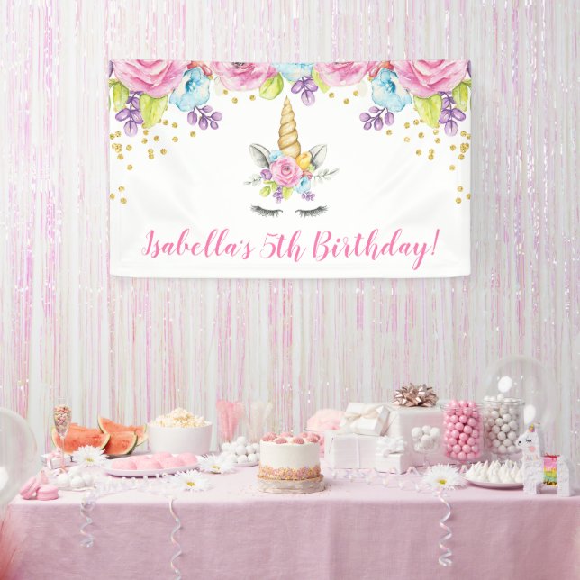 Watercolor Floral Unicorn Birthday Banner (Party)