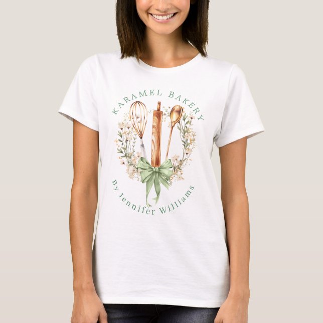 Watercolor Floral Utensils Cooking Bakery Name T-Shirt (Front)