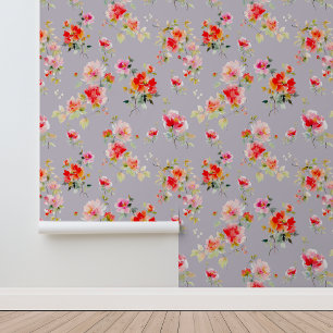 Watercolor floral Vibrant Coral, Pink and Orange W Wallpaper