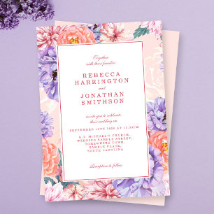 Watercolor Floral Vintage Peach Pink Wedding Invitation