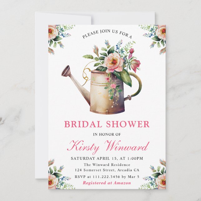 Watercolor Floral Watering Can Bridal Shower Invitation (Front)