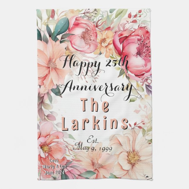 Watercolor Floral Wedding Anniversary Personalized Kitchen Towel (Vertical)