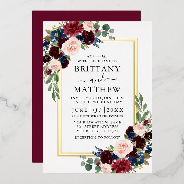Watercolor Floral Wedding Burgundy 2 Frame Gold (Front/Back)