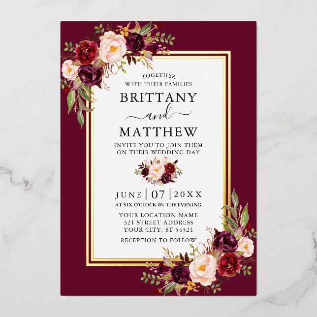 Watercolor Floral Wedding Burgundy 2 Frame Gold (Front)