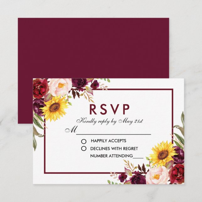 Watercolor Floral Wedding Burgundy RSVP Card (Front/Back)