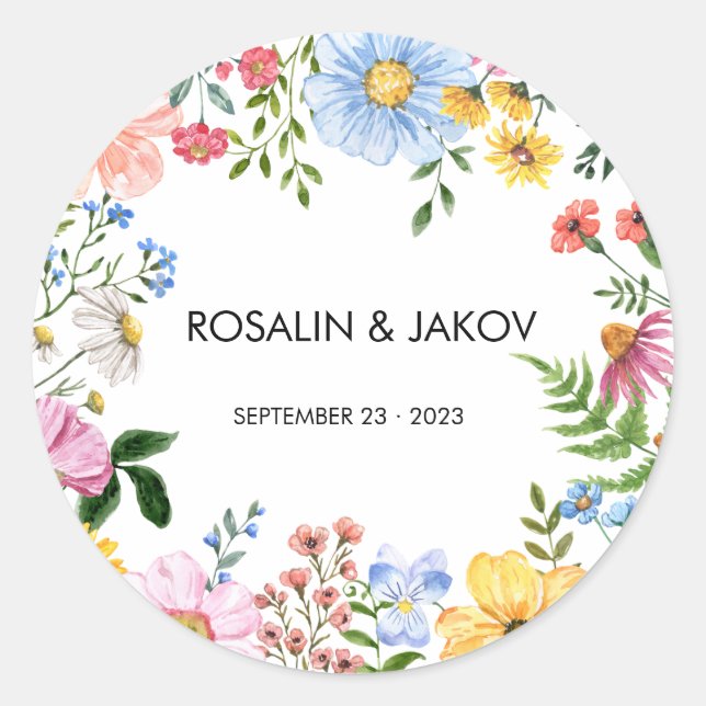 Watercolor Floral Wedding  Classic Round Sticker (Front)