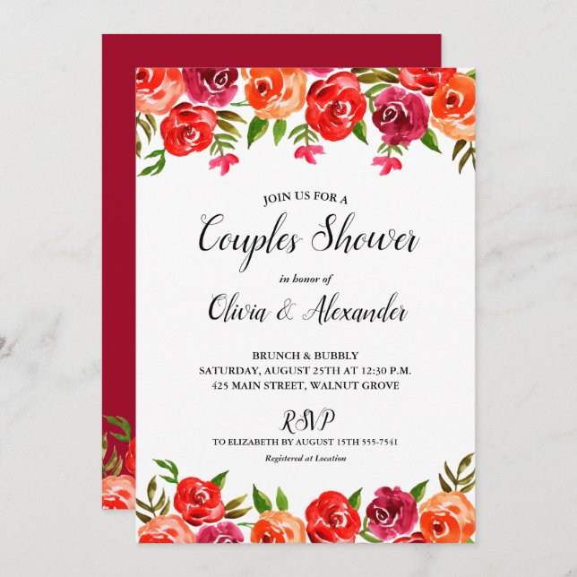 Watercolor Floral Wedding Couples Shower Invites (Front/Back)
