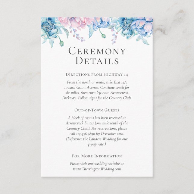 Watercolor Floral Wedding Details / Directions Enclosure Card (Front)