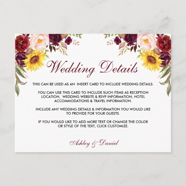 Watercolor Floral Wedding Details Insert Card (Front)