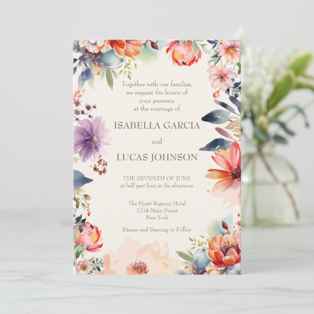 Watercolor Floral Wedding Invitation (Standing Front)