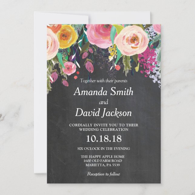 Watercolor Floral Wedding Invitation Chalkboard (Front)