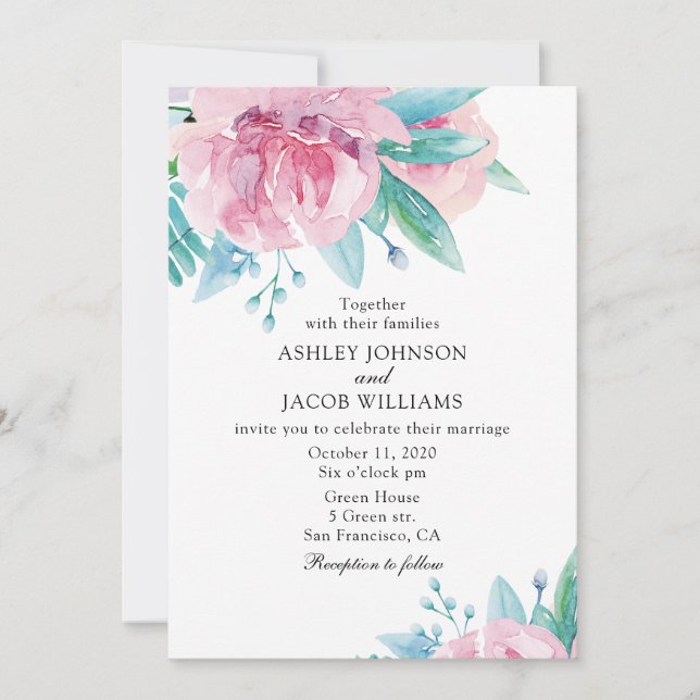 Watercolor floral wedding invitation. Pink flowers Invitation (Front)