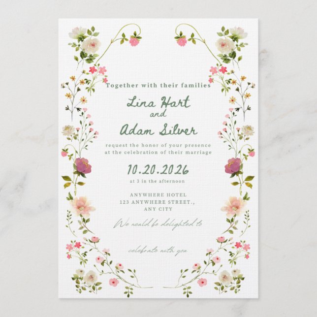 Watercolor Floral Wedding Invitation Template  (Devant)