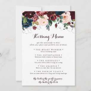 Watercolor Floral Wedding Kissing Menu Game Card
