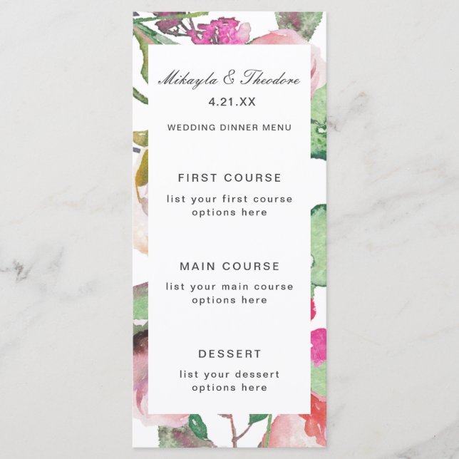 Watercolor Floral Wedding Menu Card (Front)