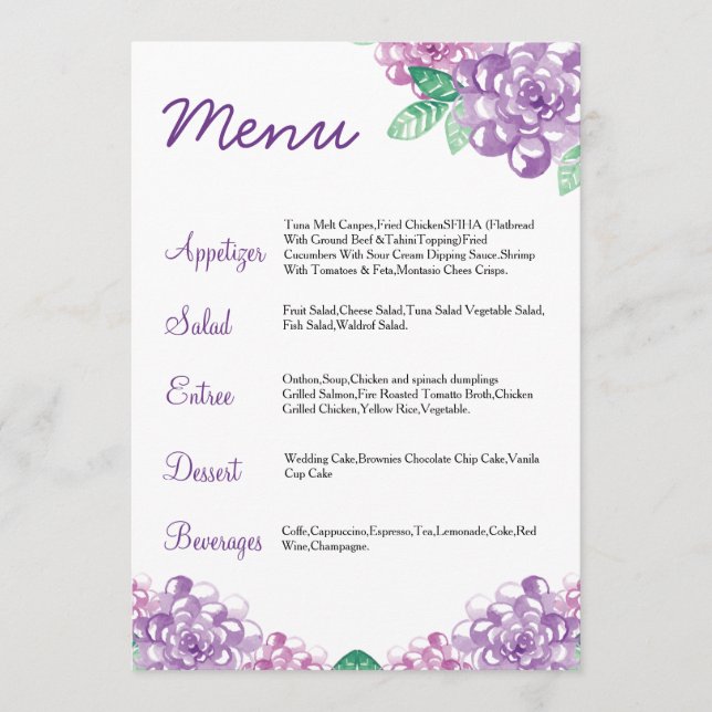 Watercolor Floral Wedding Menu Card (Front)