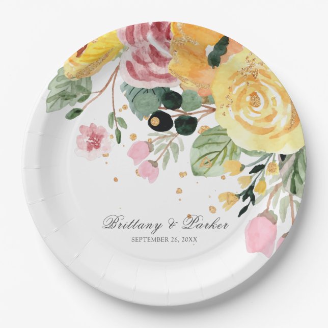 Watercolor Floral Wedding Personalized Paper Plate (Front)