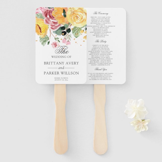 Watercolor Floral Wedding Program Hand Fan (Front and Back)