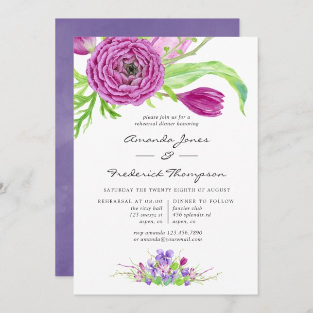 Watercolor Floral Wedding Rehearsal Dinner Invitation (Front/Back)