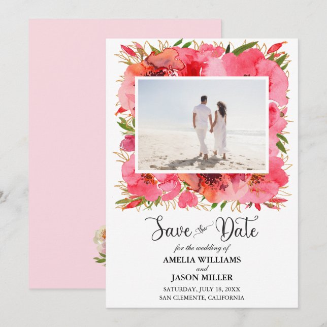 Watercolor Floral Wedding Save the Date (Front/Back)