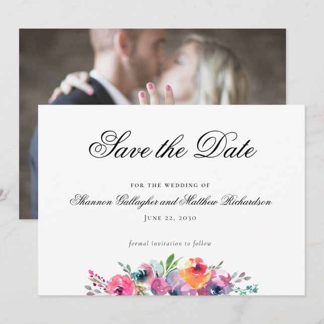 Watercolor Floral Wedding Save the Date Photo Announcement (Front/Back)