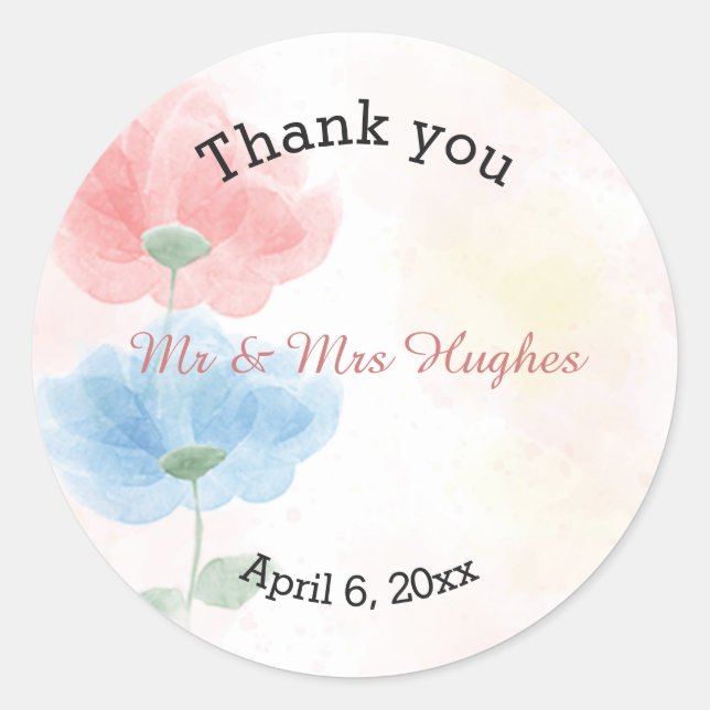 Watercolor floral Wedding thank you Classic Round Sticker (Front)