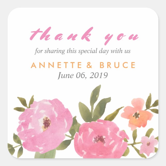 Watercolor Floral Wedding Thank You Square Sticker (Front)