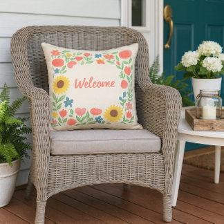 Watercolor Floral Welcome to our Home  Outdoor Pillow