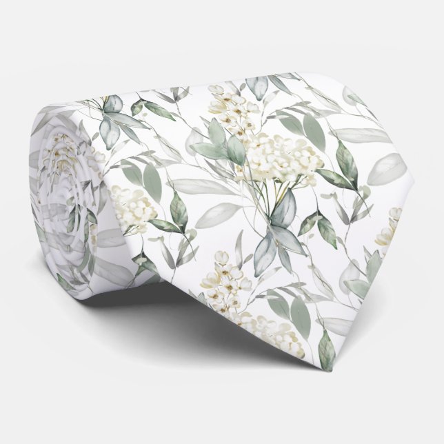 Watercolor Floral White Cream Flowers  Tie (Rolled)