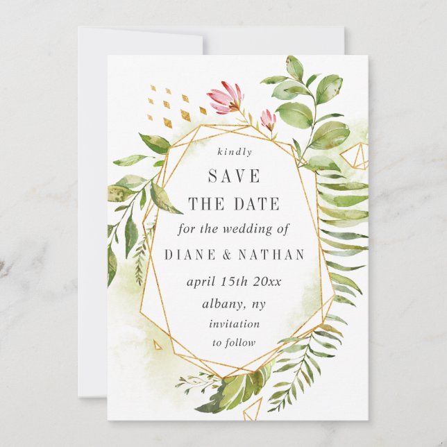 Watercolor Floral Wild Green Foliage Save the Date (Front)