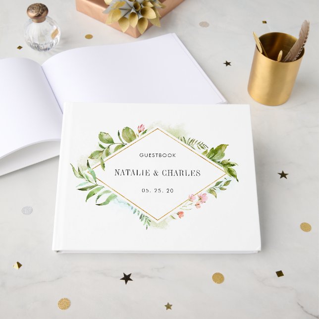 Watercolor Floral Wild Green Foliage Wedding Guest Book (Front Open)