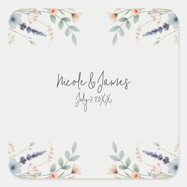 Watercolor Floral Wildflower Spring Bridal Wedding Square Sticker (Front)