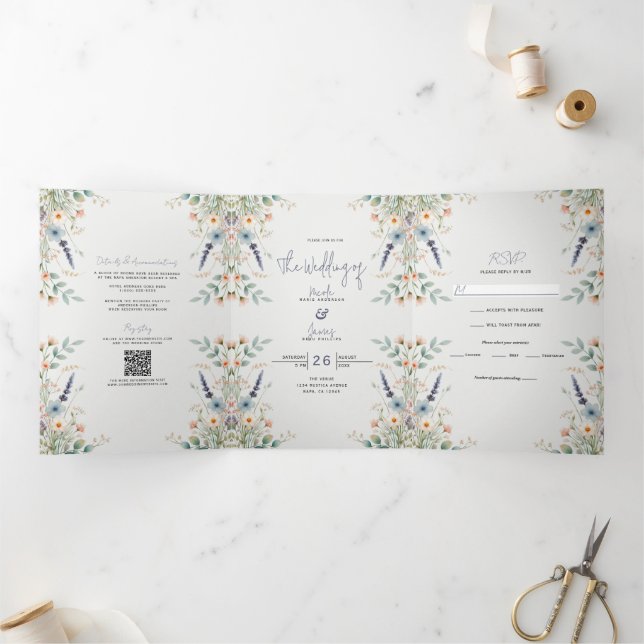Watercolor Floral Wildflower Spring Wedding Tri-Fold Invitation (Inside)
