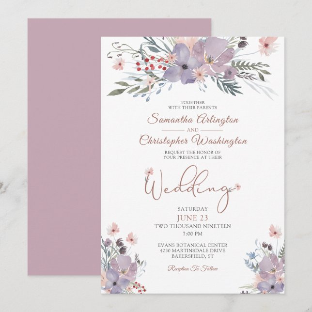 Watercolor Floral Wildflowers Lilac Wedding Invitation (Front/Back)