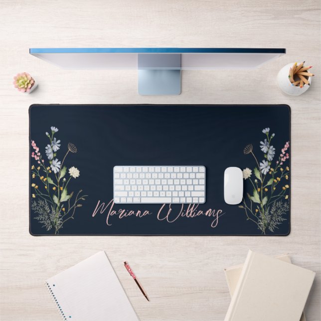 watercolor floral wilfdlowers deep blue botanical desk mat (Office 1)