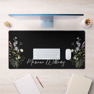  watercolor floral wilfdlowers personalized black  desk mat