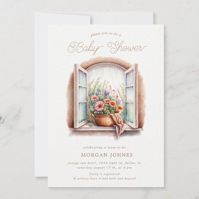 Watercolor floral window  baby shower invitation (Front)