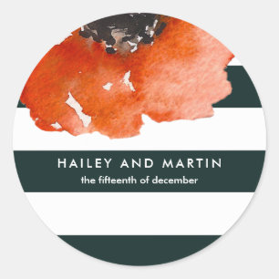 Watercolor Floral with Dark Green Stripes Wedding Classic Round Sticker