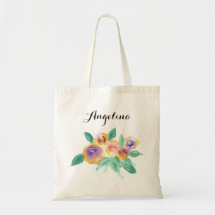 Watercolor Floral with Name Tote Bag