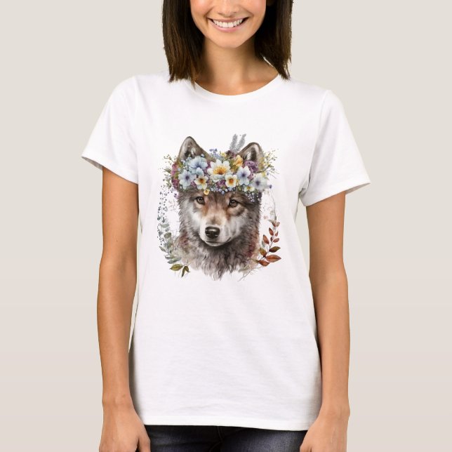 Watercolor Floral Wolf T-Shirt (Front)