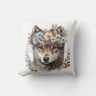 Watercolor Floral Wolf Throw Pillow