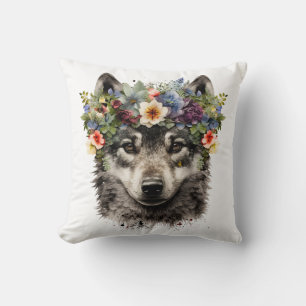 Watercolor Floral Wolf Throw Pillow