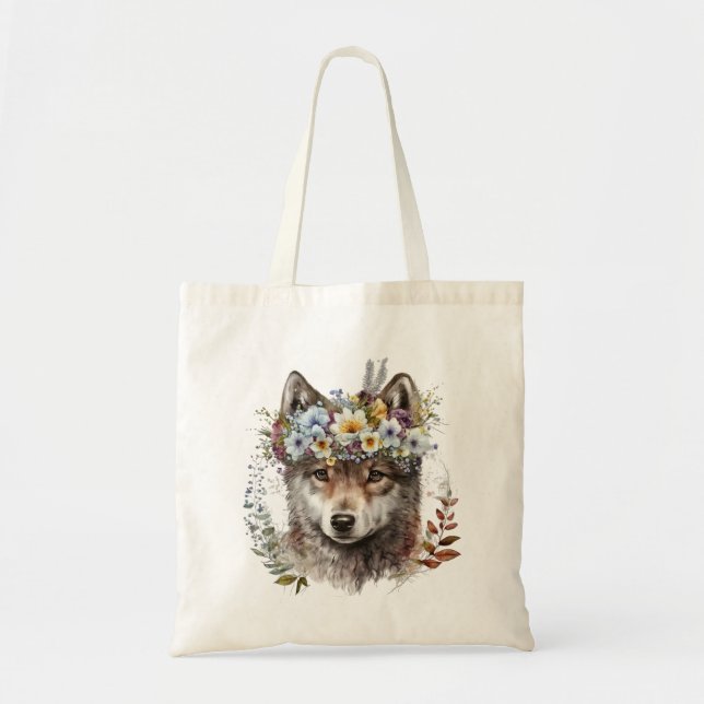 Watercolor Floral Wolf Tote Bag (Front)