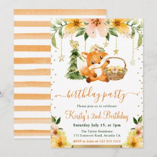 Watercolor Floral Woodland Fox Birthday Party Invitation