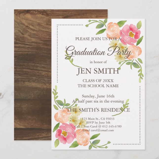 Watercolor Floral Woodsy Graduation Invitation (Front/Back)