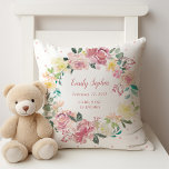 Watercolor Floral Wreath | Baby Girl Birth Stats Throw Pillow<br><div class="desc">This lovely and trendy baby birth stats pillow features a clean white background with subtle pink polka dots, and a gorgeous watercolor wreath full of flowers in shades of pink, ivory, white, and peach with lots of green and teal leaves. Add name or monogram, birth date, and all the stats...</div>