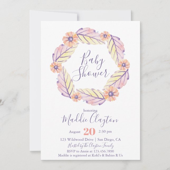 Watercolor Floral Wreath Baby Shower Invitation (Front)