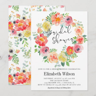 Watercolor floral wreath bridal shower invitation
